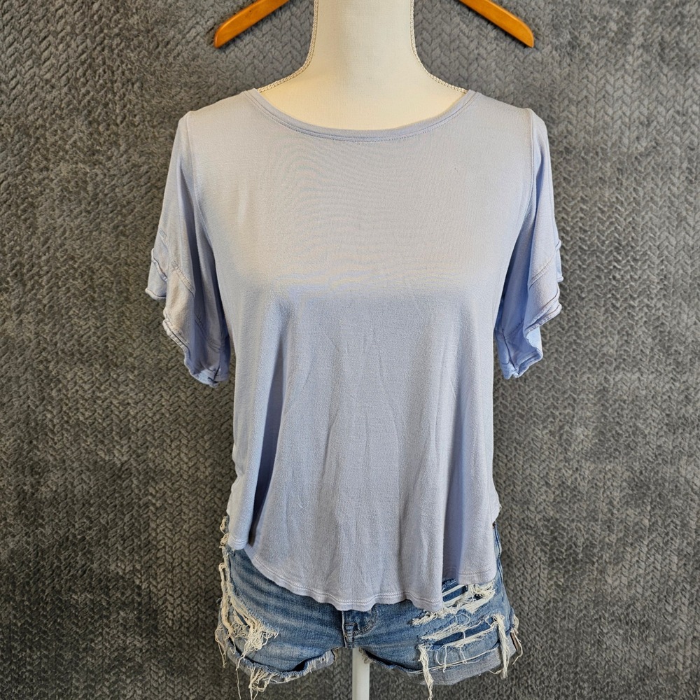 Loft Womens Light Blue Ruffle Short Sleeve Scoop Neck High Low Knit Top L